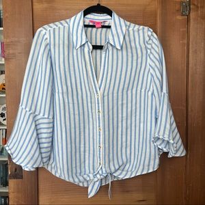 Lilly Pulitzer Blue and White Striped Button-Front Tie-Hem Top